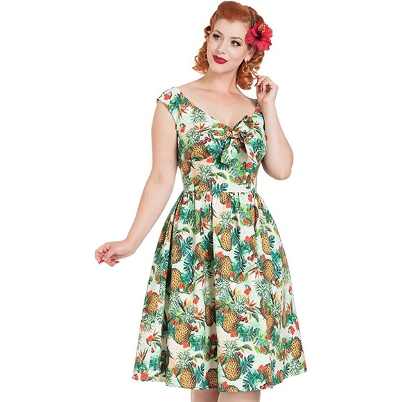 Voodoo Vixen Dresses & Skirts - VOODOO VIXEN Dana Tropical Cherry Pineapple Tiki Print Dress Fit Flare ~ X-Large